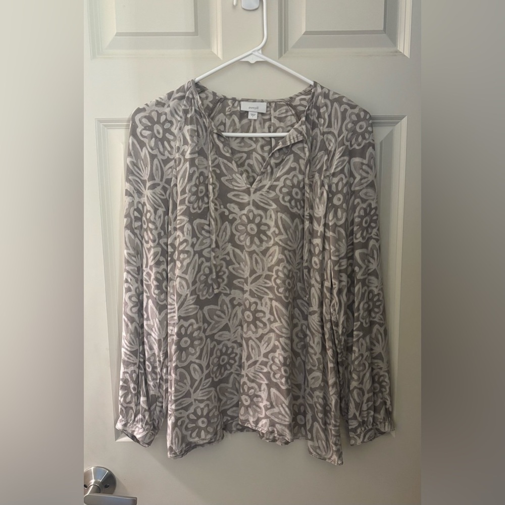 J Jill Lightweight Modal Printed Peasant Blouse, Beige, Gray, Size S - Picture 2 of 8